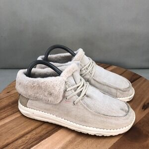 Hey Dude Britt Herringbone Cream Faux Fur Lined Loafer Shoes Womens Size 7